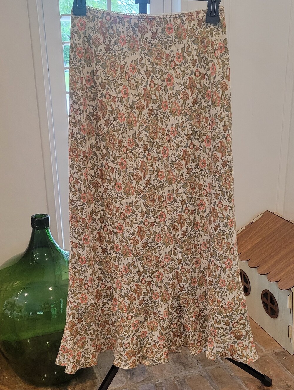 100% Silk Sundance Floral Tiered Maxi Skirt in Cream, Olive & Blush